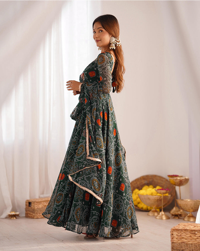 Womenline Green Color Bandhej Print Soft Chiffon Anarkali Gown