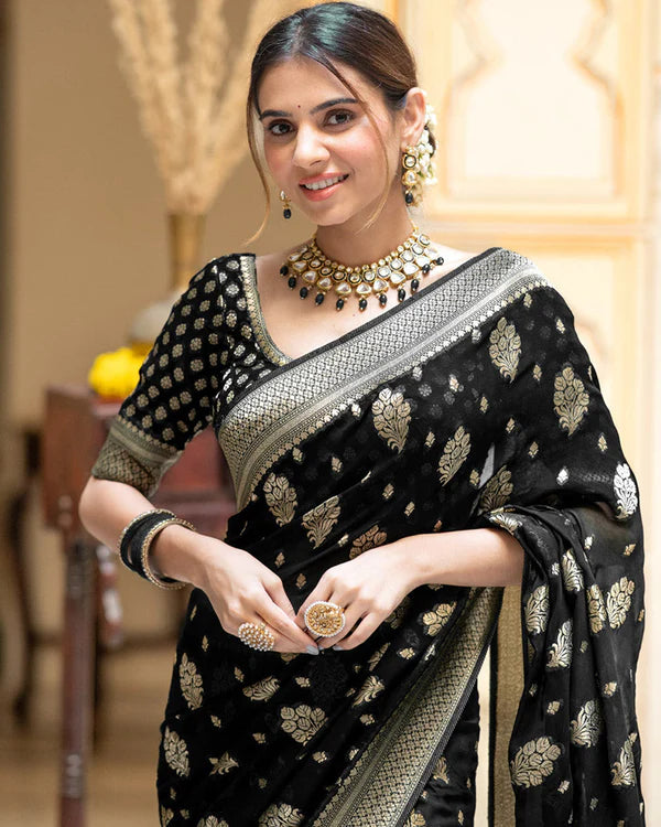 Womenline Black Color Banarasi All Over Jacquard Soft Silk Saree