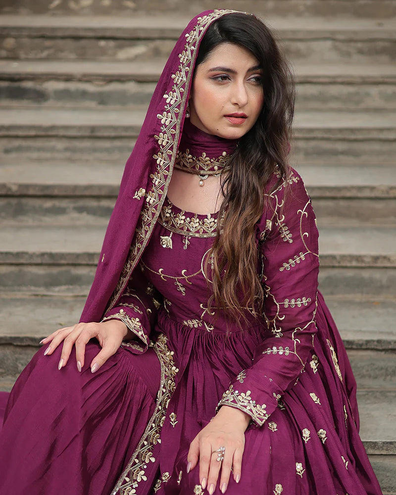 Womenline Wine Color Designer Three Piece Sharara Suit