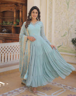 Womenline Sky Color Faux Georgette Designer Anarkali Gown With Dupatta