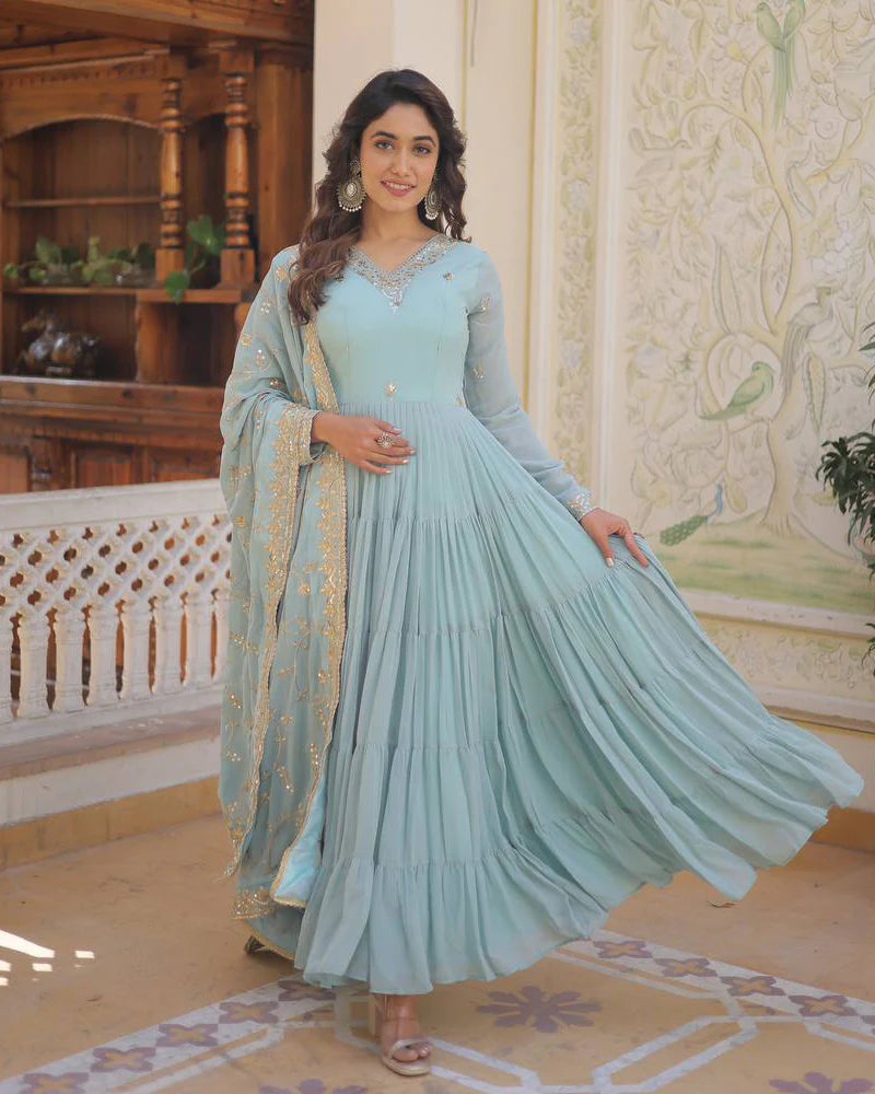 Womenline Sky Color Faux Georgette Designer Anarkali Gown With Dupatta