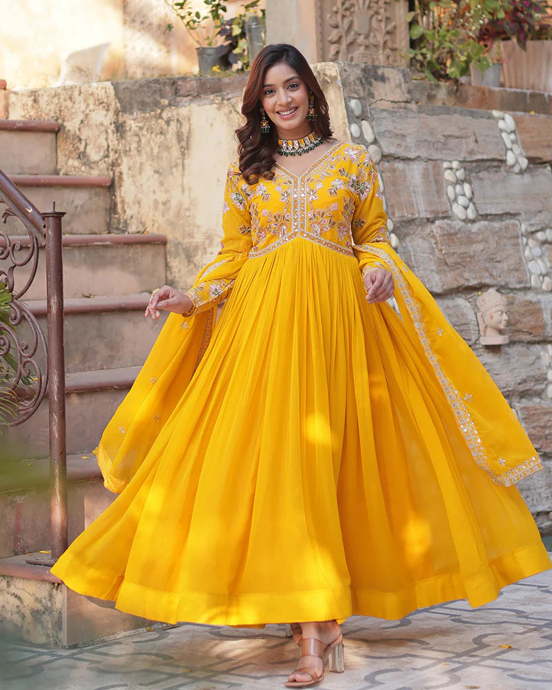 Womenline Mustard Color Faux Blooming Zari Embroidered Work Gown