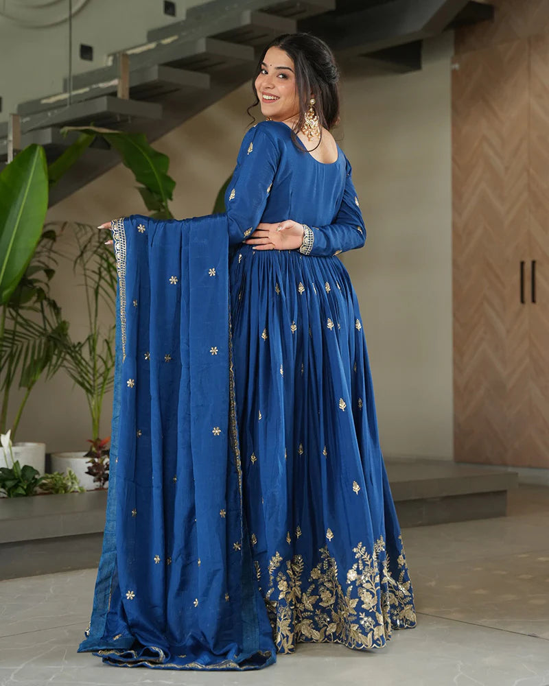 Womenline Rama Color Chinnon Sequence Embroidered Gown