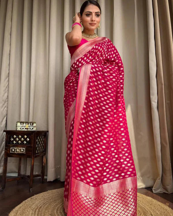 Womenline Beautiful Rani Pink Color Banarasi Jacquard Weaving Saree