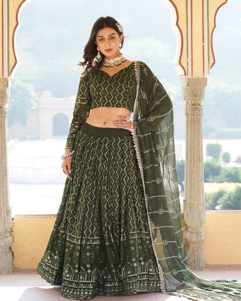 Womenline Dark Green Color Georgette Heavy Embroidery Threaded Semi Stitched Lehenga Choli