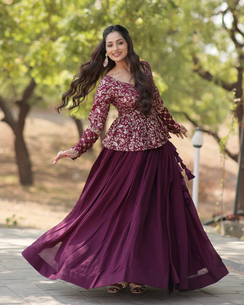 Womenline Wine Color Vichitra Shimmer Crop Top Lehenga Choli