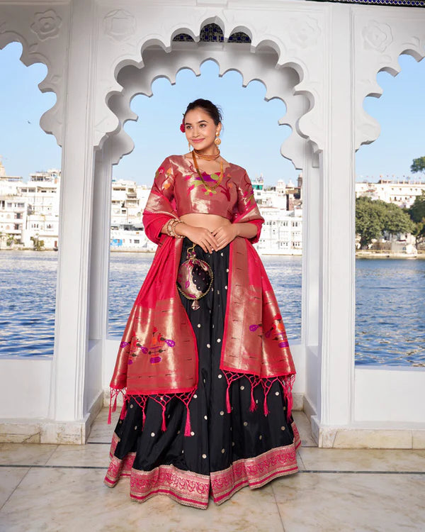Womenline Black Color Jacquard silk Half Saree