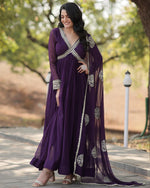 Womenline Wedding Wear Embroidered Wine Color Alia Cut Gown With Dupatta