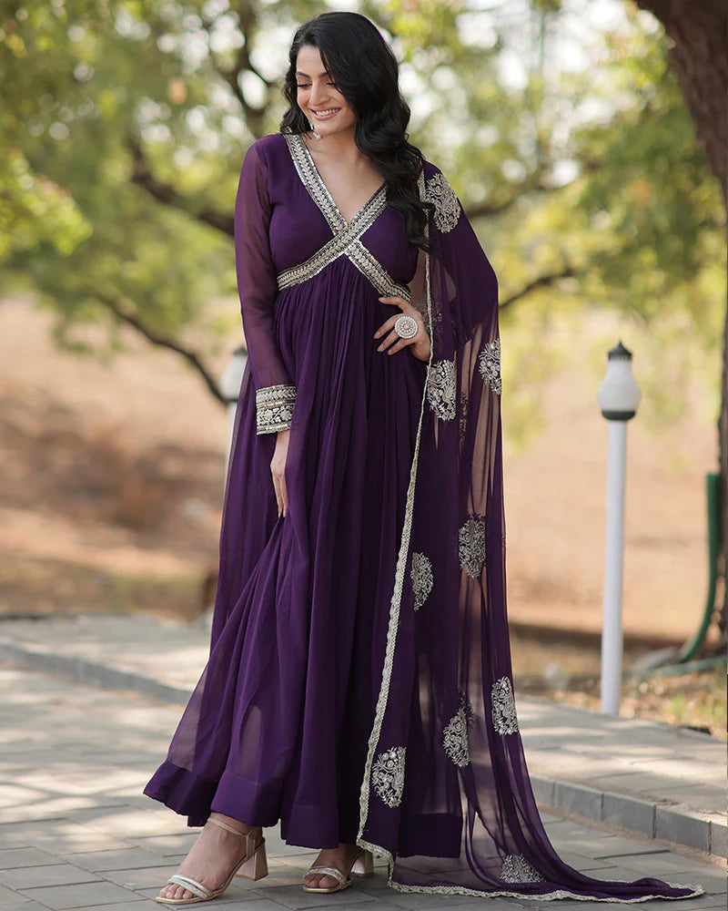 Womenline Wedding Wear Embroidered Wine Color Alia Cut Gown With Dupatta