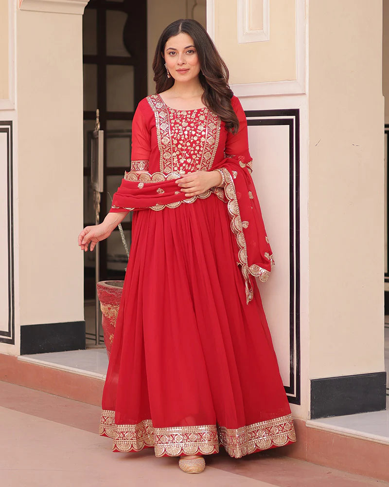 Womenline Designer Red Anarkali Gown With Golden Embroidery