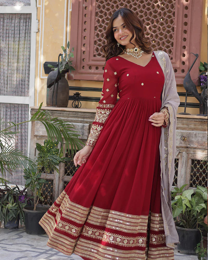 Womenline Rusty Red Color Faux Blooming Zari Embroidered Work Gown