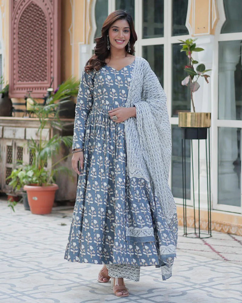 Womenline Gray Color Printed Pure Cotton Three Piece Kurti Suit