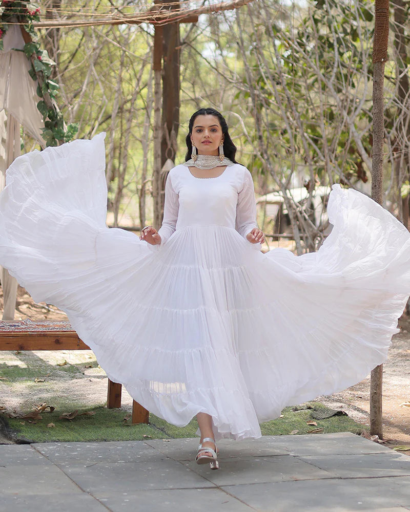 Womenline White Color Designer Embroidered Gown With Dupatta