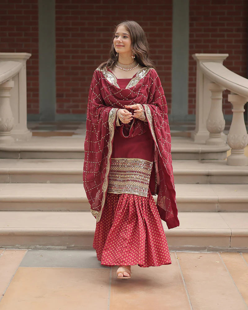 Womenline Maroon Color Georgette And Jacquard Sharara Suit