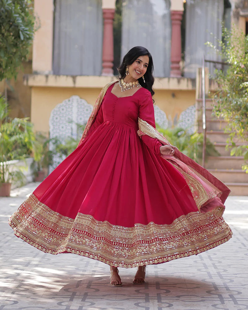 Womenline Rani Pink Color Vichitra Shimmer Sequence Embroidered Gown
