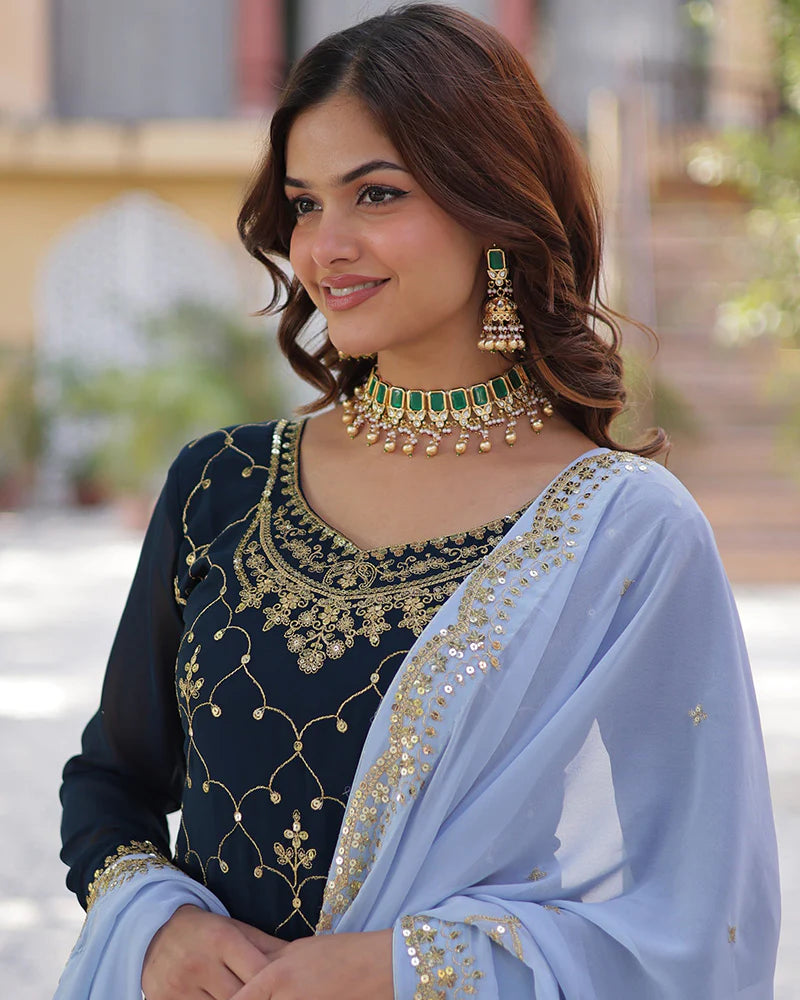 Womenline Rama Color Faux Blooming Embroidered Plazzo Suit