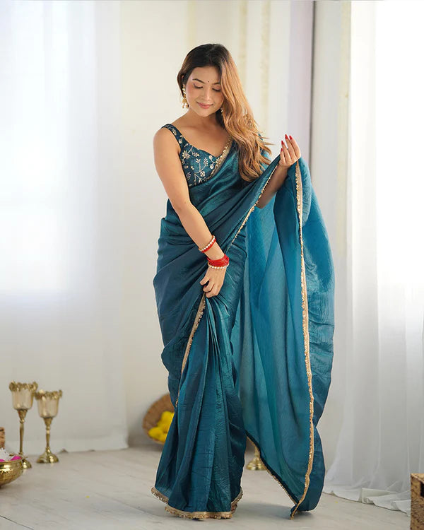 Womenline Teal Blue Color Tissue Silk Saree