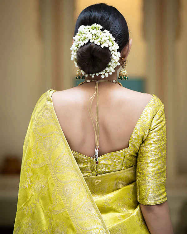 Womenline Lemon Color Banarasi Jacquard Zari Weaving Saree