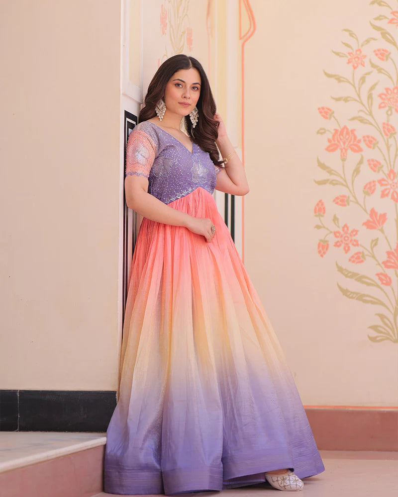 Womenline Lavender Color Gold Crush Embroidered work Gown