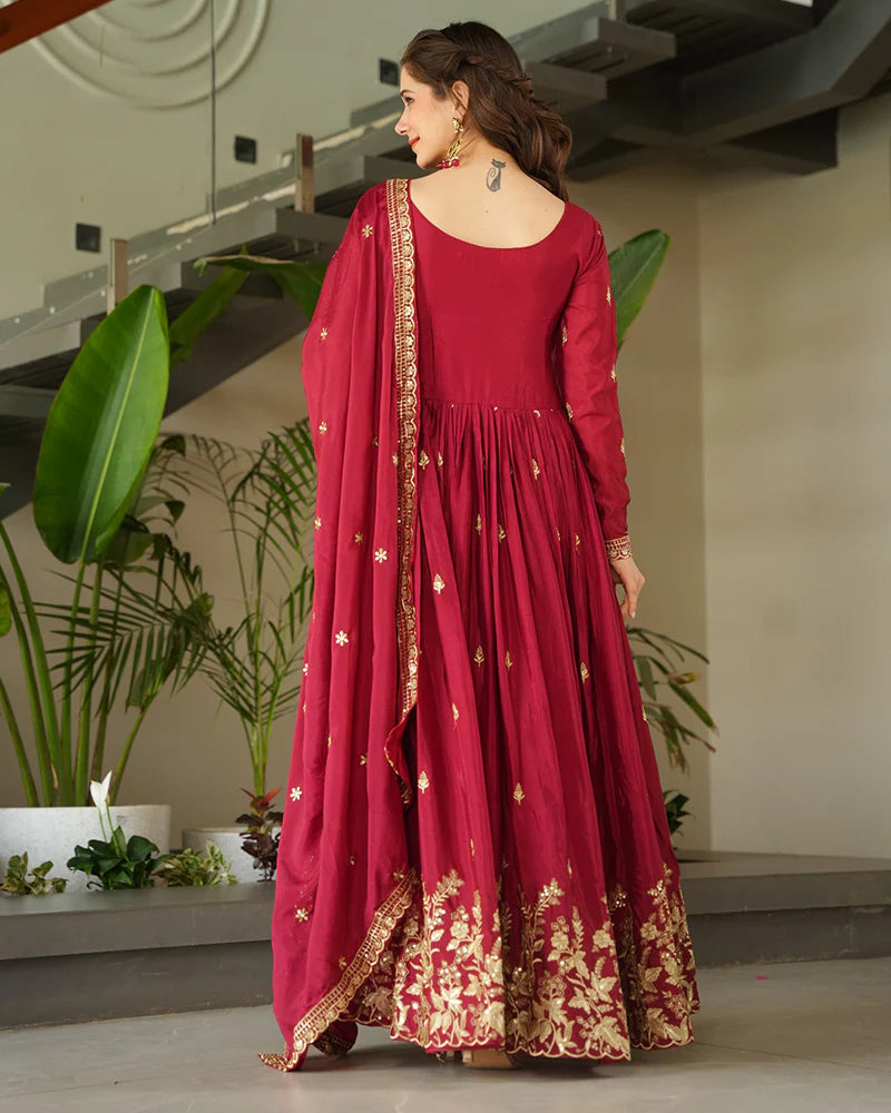 Womenline Red Color Chinnon Sequence Embroidered Gown