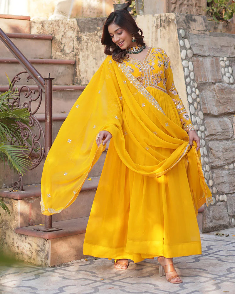 Womenline Mustard Color Faux Blooming Zari Embroidered Work Gown