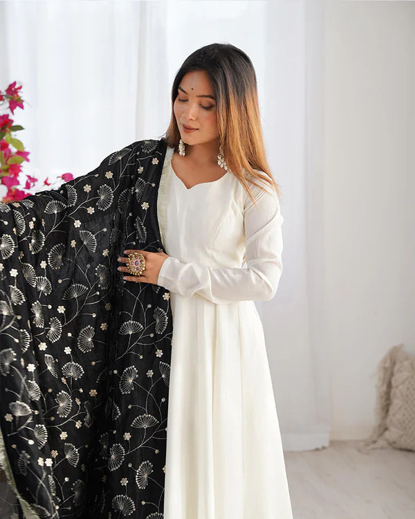 Womenline White Color Soft Vichitra Silk Anarkali With Black Dupatta