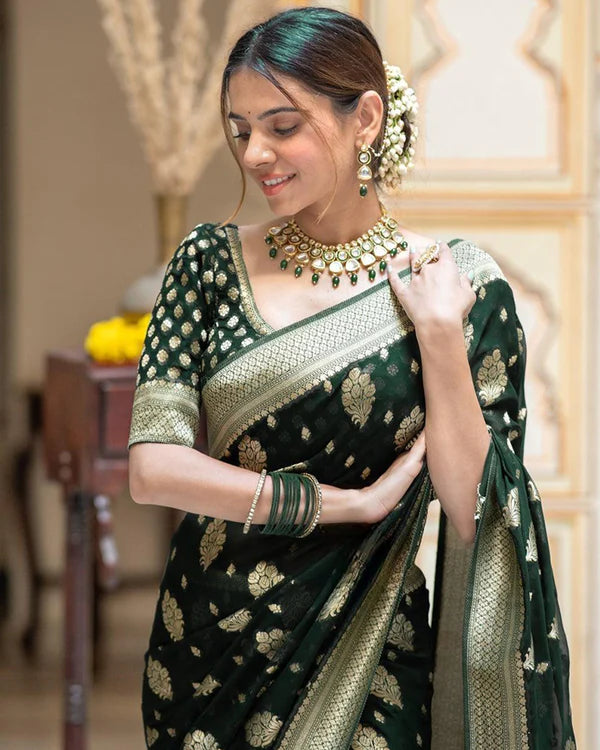 Womenline Green Color Banarasi All Over Jacquard Soft Silk Saree