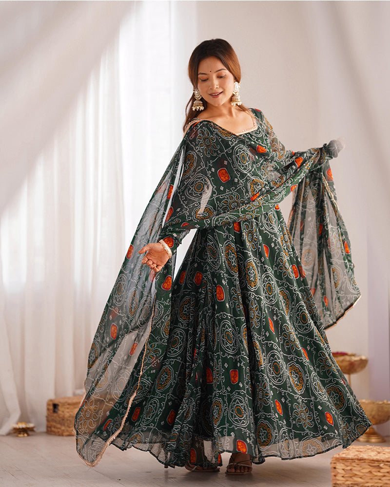 Womenline Green Color Bandhej Print Soft Chiffon Anarkali Gown