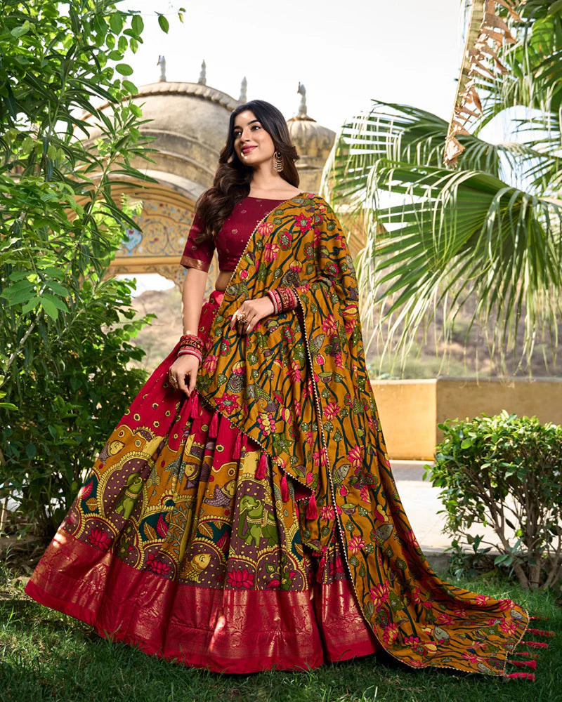 Womenline Red Color Tussar Silk Kalamkari Printed Navratri Lehenga Choli