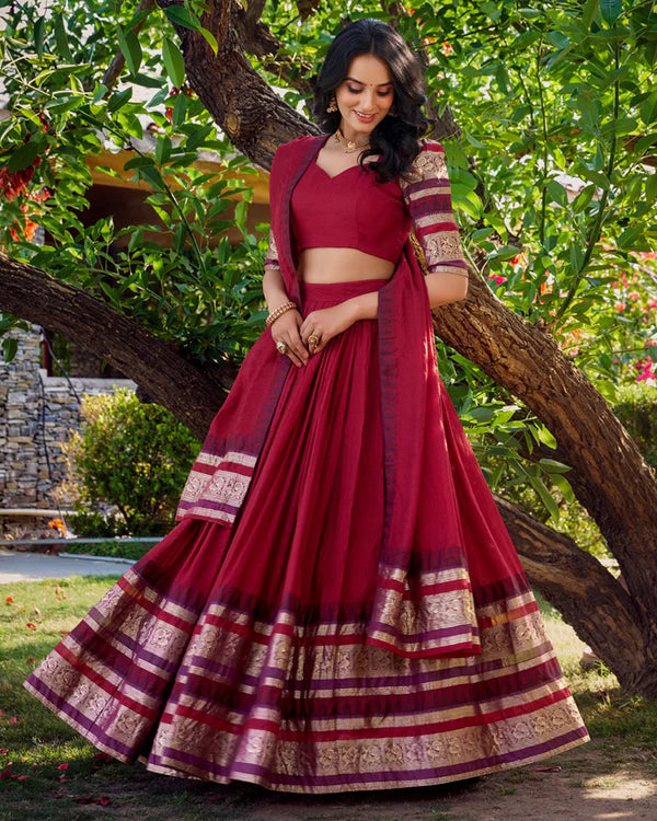 Womenline Red Color Pure Chanderi Plain Half Saree