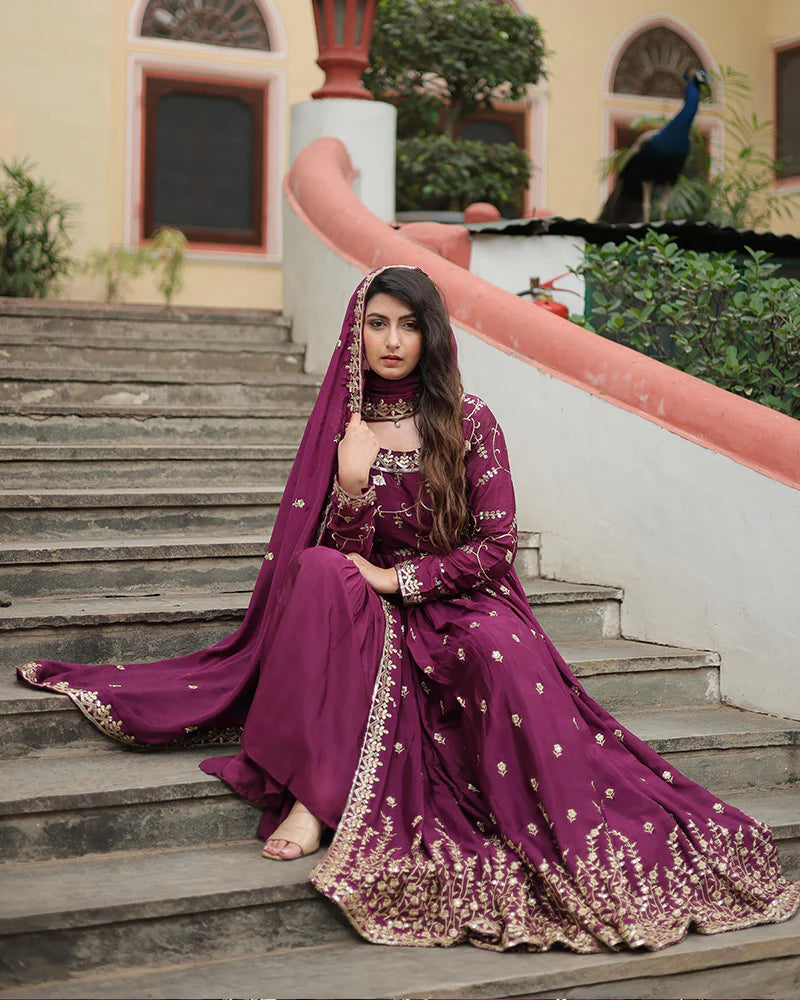 Womenline Wine Color Designer Three Piece Sharara Suit