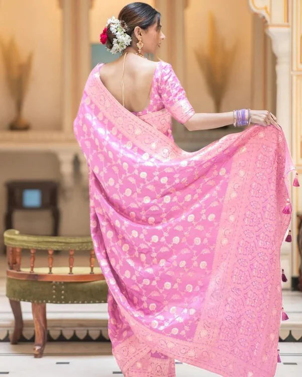 Womenline Pink Color Banarasi Jacquard With Zari Work Saree