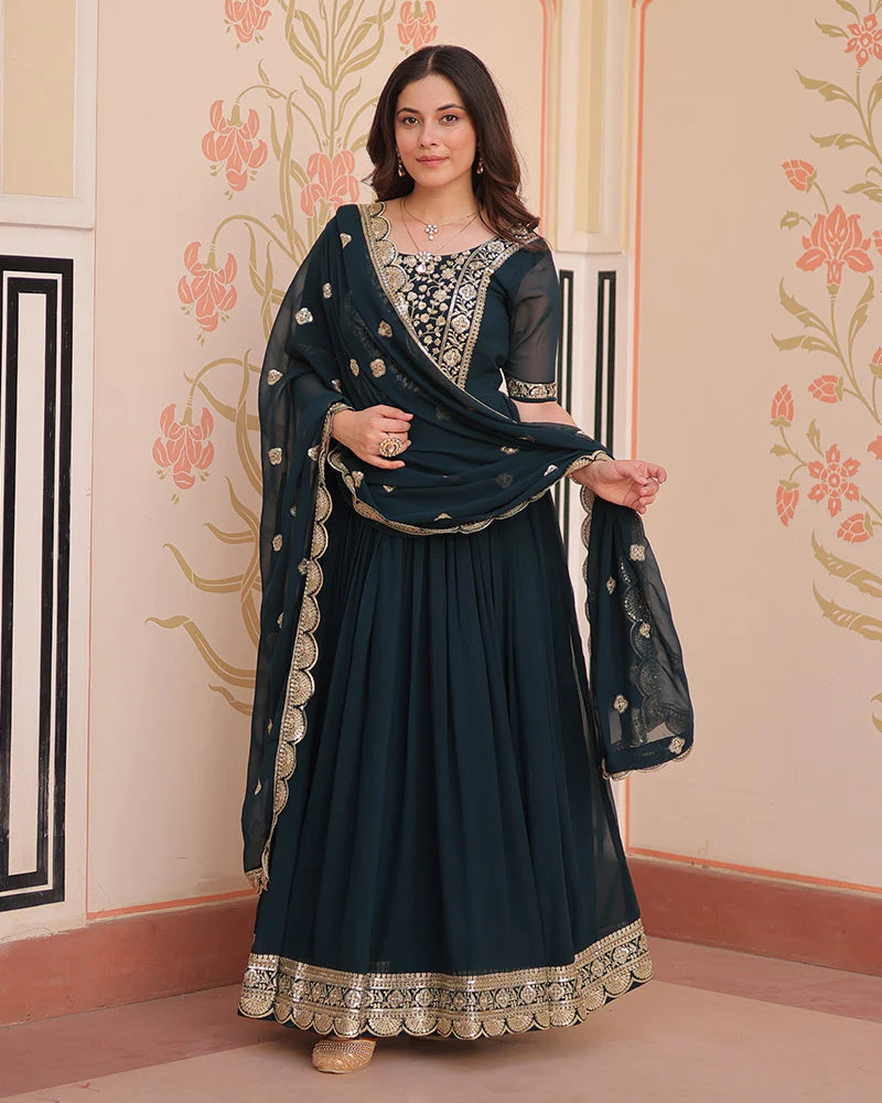 Womenline Designer Rama Blue Anarkali Gown with Golden Embroidery