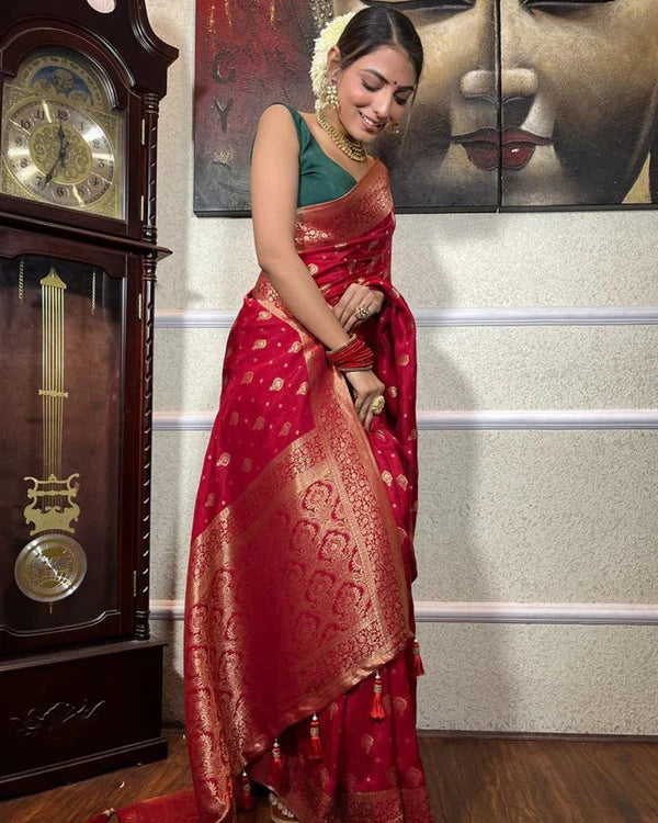 Womenline Red Color Small Butti Design Banarasi Soft Silk Saree