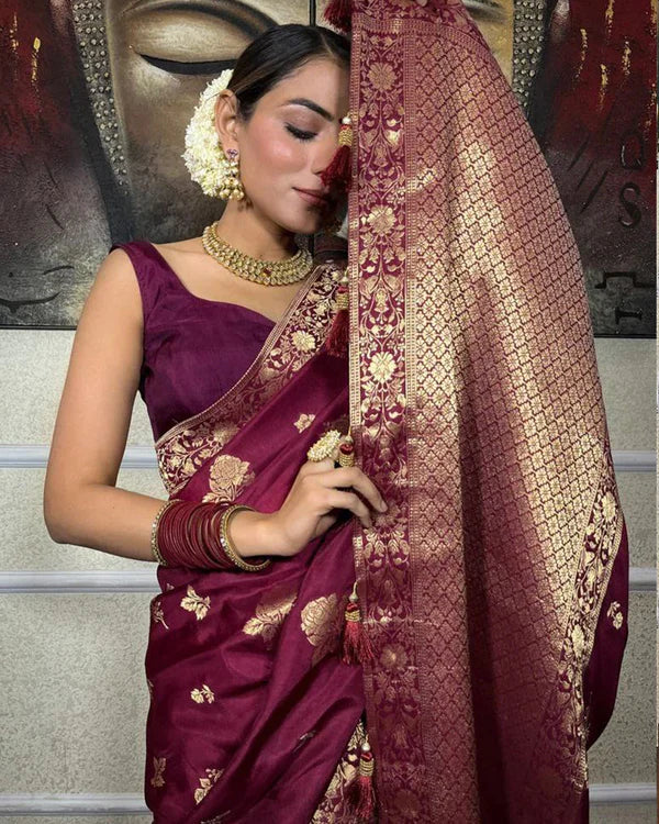 Womenline Wine Color Big Flower Design Banarasi Soft Silk Saree