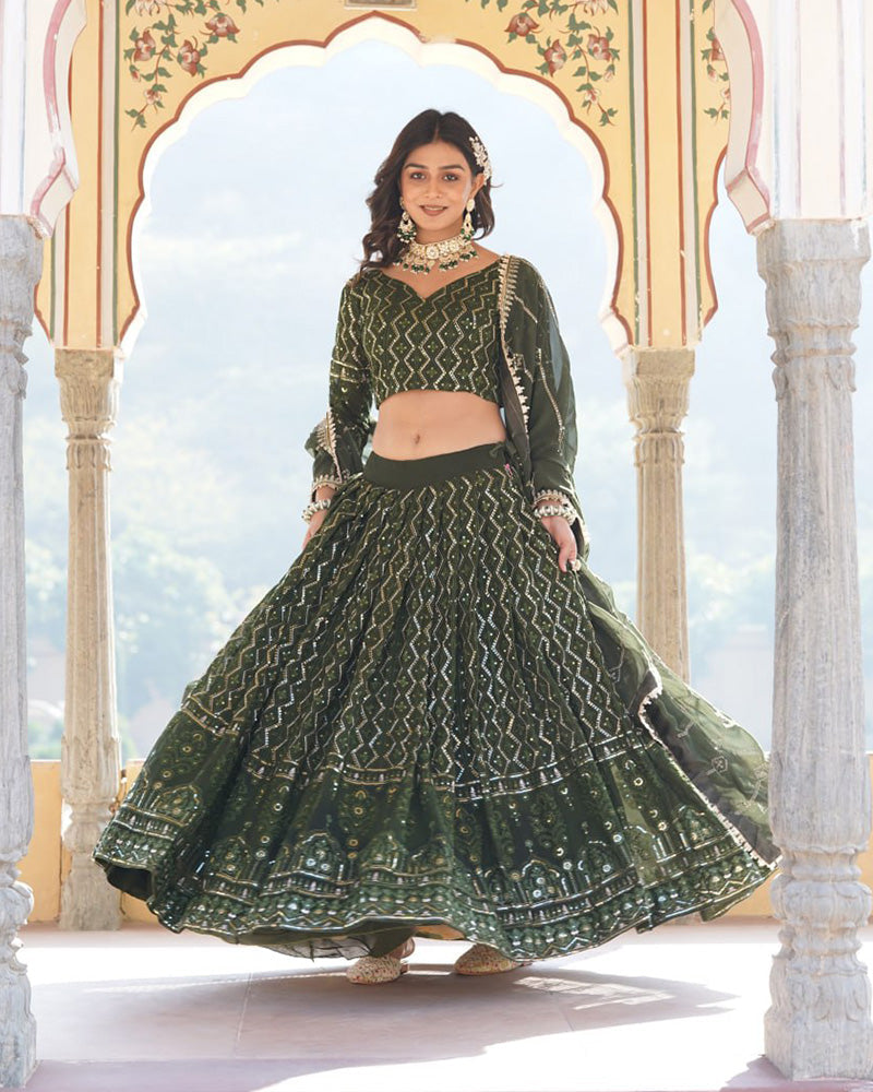 Womenline Dark Green Color Georgette Heavy Embroidery Threaded Semi Stitched Lehenga Choli