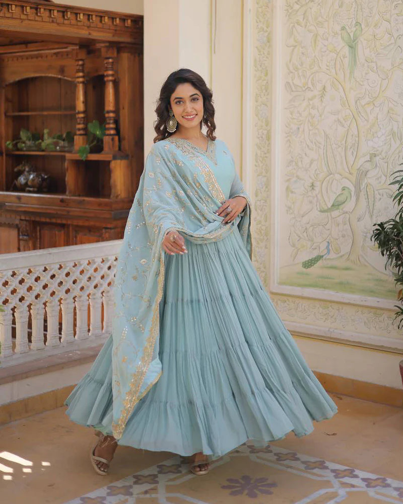 Womenline Sky Color Faux Georgette Designer Anarkali Gown With Dupatta