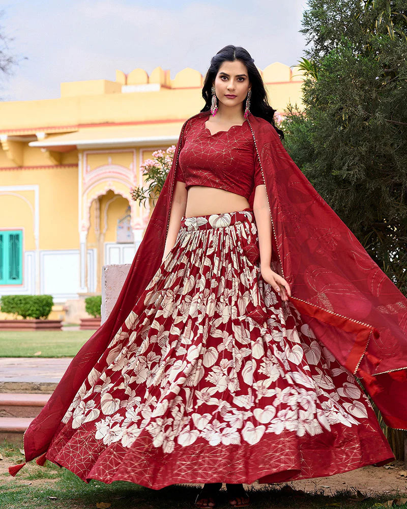 Womenline Red Color Tussar Silk Floral And Foil Printed Navratri Lehenga Choli