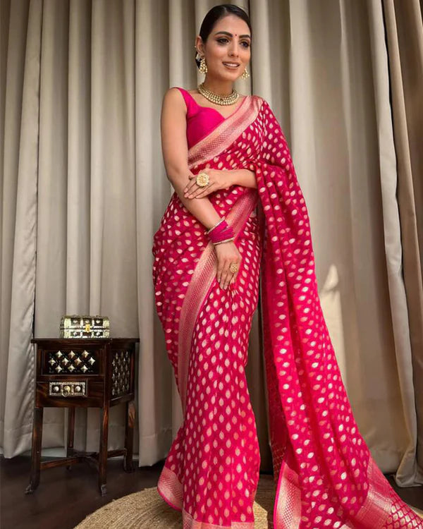 Womenline Beautiful Rani Pink Color Banarasi Jacquard Weaving Saree