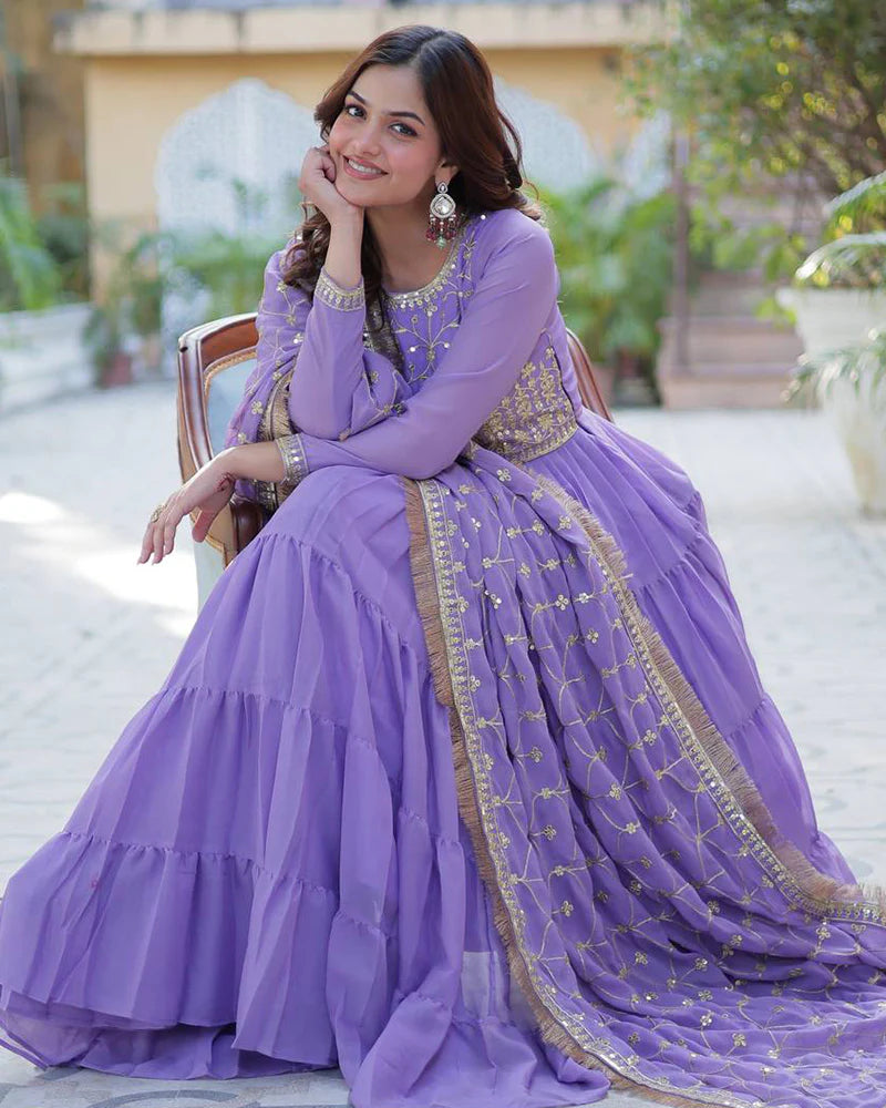 Womenline Purple Color Star Georgette Gown With Embroidered Dupatta