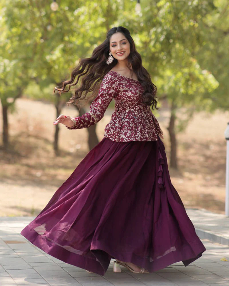 Womenline Wine Color Vichitra Shimmer Crop Top Lehenga Choli