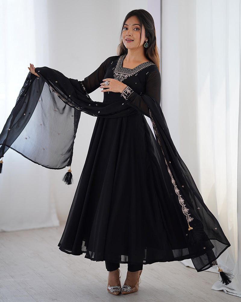 Womenline Black Color Georgette Embroidered Three Piece Anarkali Suit