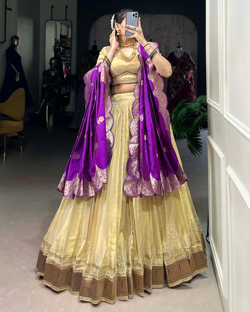 Womenline Cream Color Erode Paithani Silk Lehenga Choli