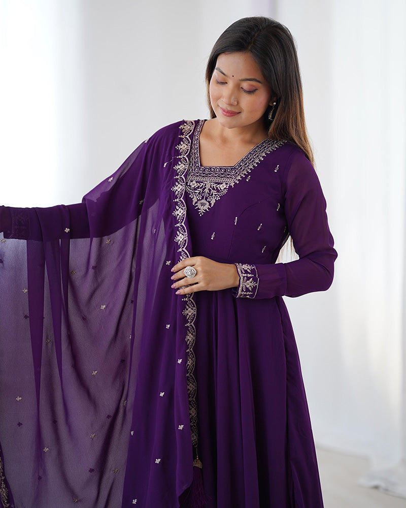 Womenline Purple Color Georgette Embroidered Three Piece Anarkali Suit