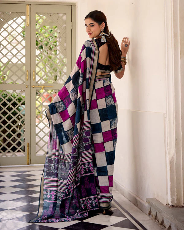 Womenline Navy Blue Color Polyester Chanderi Printed Saree