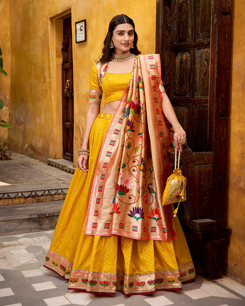 Womenline Mango Color Paithani Silk Zari Weaving Lehenga Choli