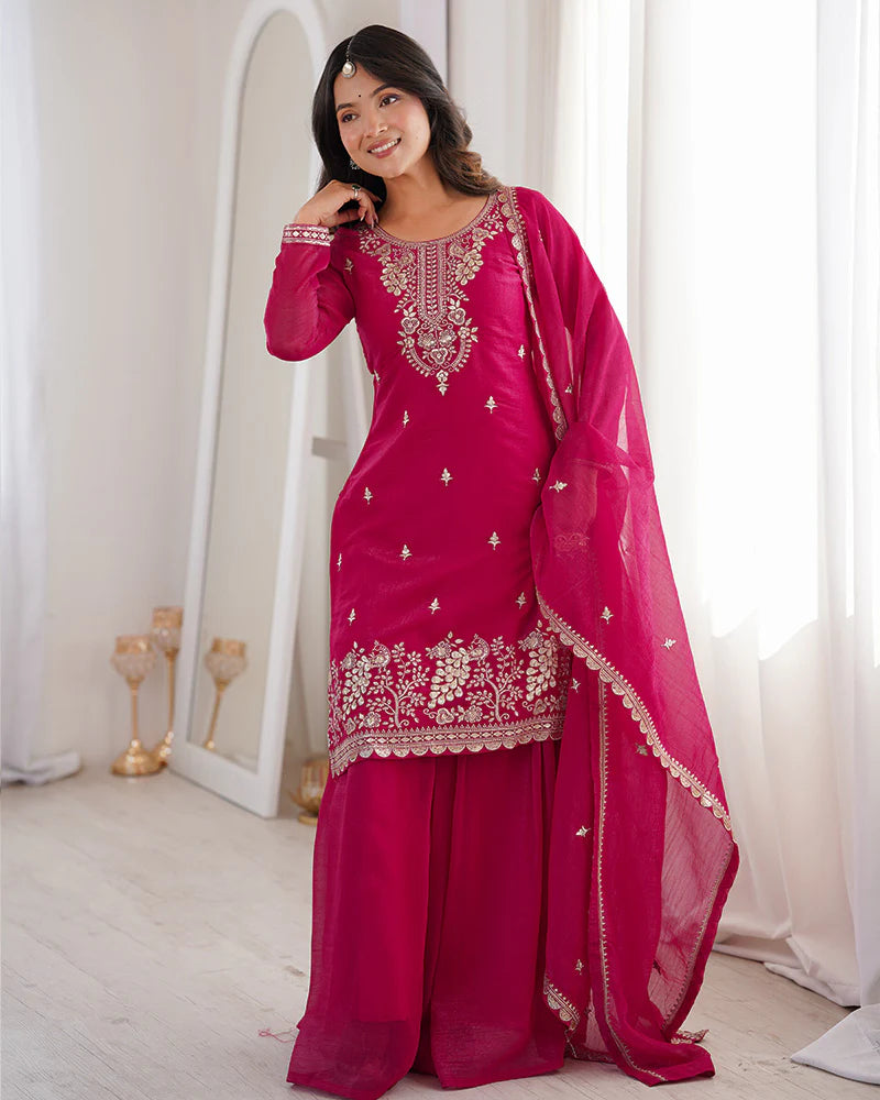 Womenline Rani Pink Color Soft Crunchy Silk Embroidered Plazzo Suit