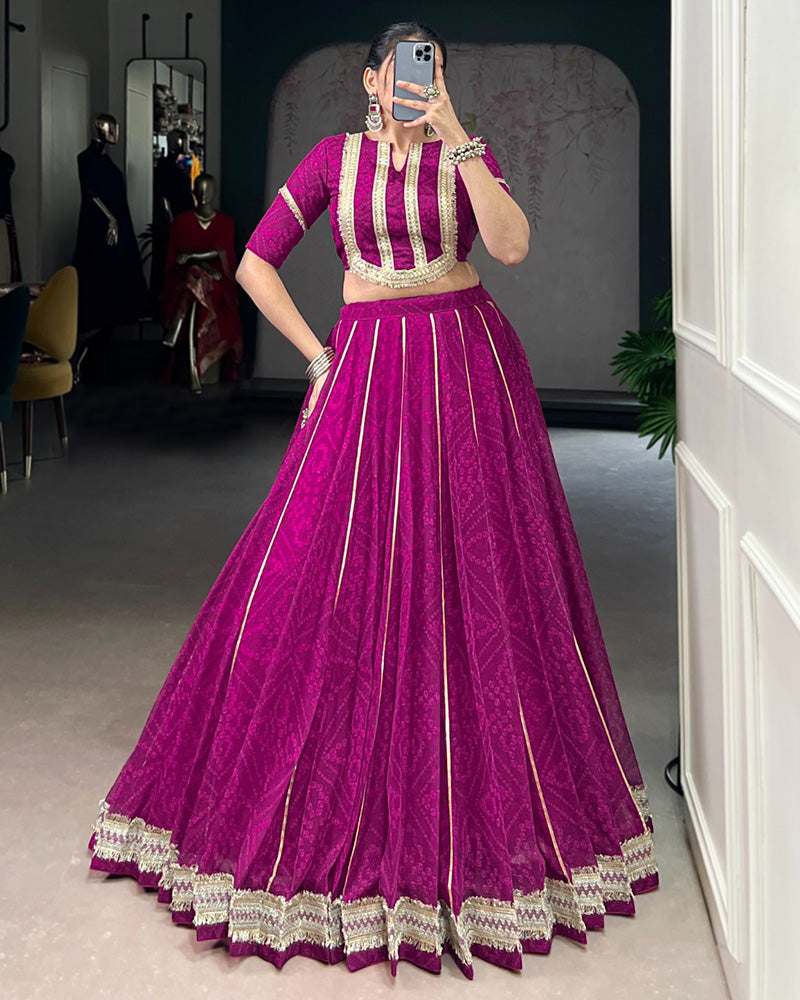 Womenline Wine Color Chiffon Bandhej Printed Navratri Lehenga Choli