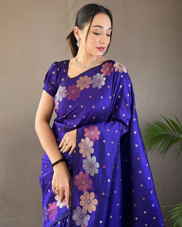 Womenline Jacquard Design Blue color Soft Lichi Silk Saree