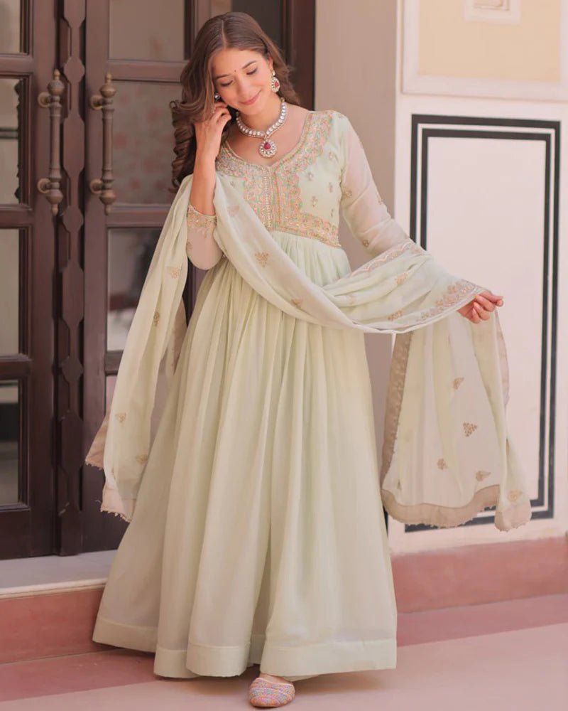Womenline Pista Color Star Georgette Embroidered Gown